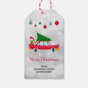 Retro Red Car Carry ein Weihnachtsbaum Geschenkanhänger