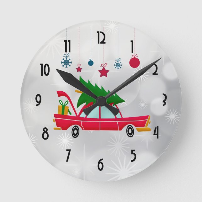 Retro Red Car Carry ein Weihnachtsbaum Runde Wanduhr (Vorderseite)