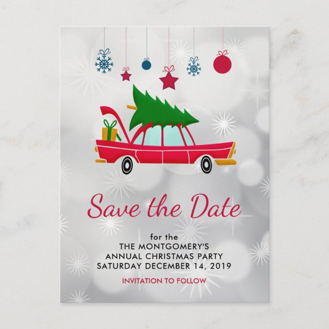 Retro Red Car & Christmas Tree Save the Date Postkarte (Vorderseite)