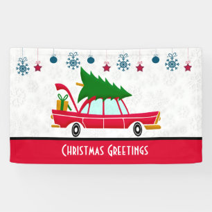 Retro Red Car mit einem Weihnachtsbaum Banner