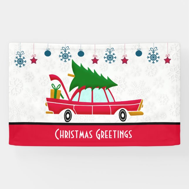 Retro Red Car mit einem Weihnachtsbaum Banner (Horizontal)