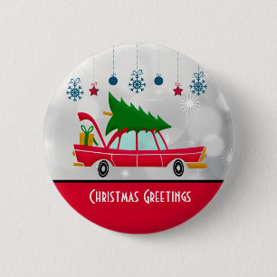 Retro Red Car mit einem Weihnachtsbaum Button