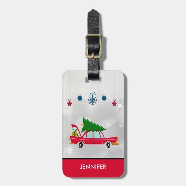 Retro Red Car mit einem Weihnachtsbaum Gepäckanhänger (Vorderseite vertikal)