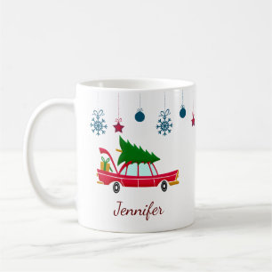 Retro Red Car mit einem Weihnachtsbaum Kaffeetasse