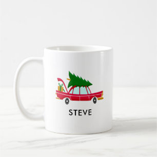 Retro Red Car mit einem Weihnachtsbaum Kaffeetasse