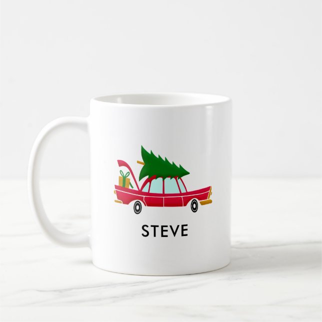 Retro Red Car mit einem Weihnachtsbaum Kaffeetasse (Links)