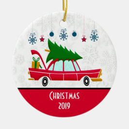 Retro Red Car mit einem Weihnachtsbaum Keramik Ornament