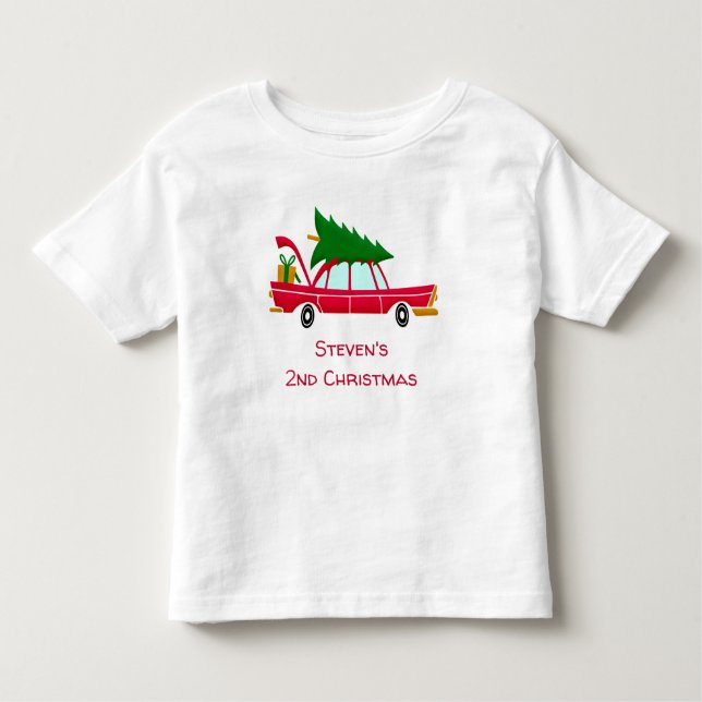 Retro Red Car mit einem Weihnachtsbaum Kleinkind T-shirt (Vorderseite)