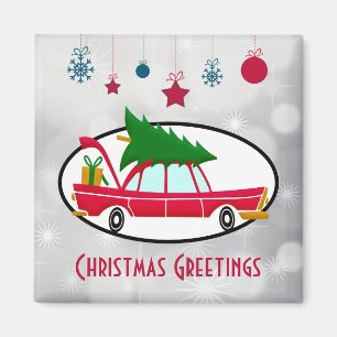 Retro Red Car mit einem Weihnachtsbaum Magnet