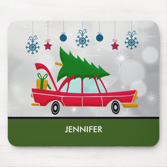 Retro Red Car mit einem Weihnachtsbaum Mousepad (Vorne)