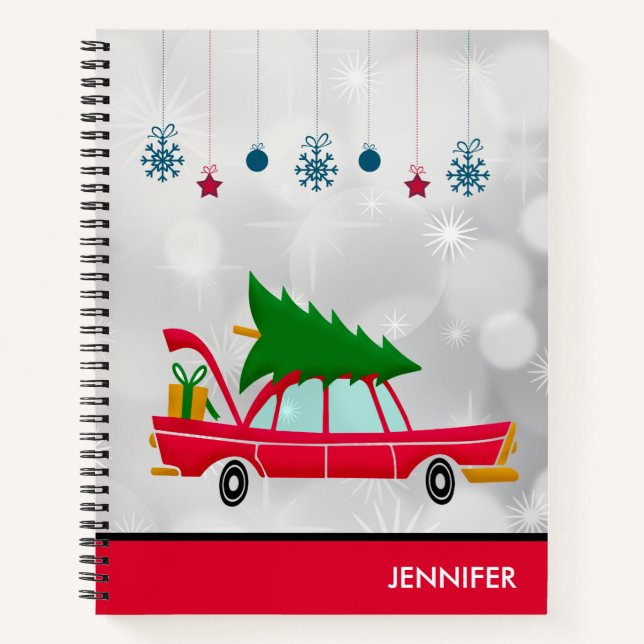 Retro Red Car mit einem Weihnachtsbaum Notizbuch (Vorderseite)