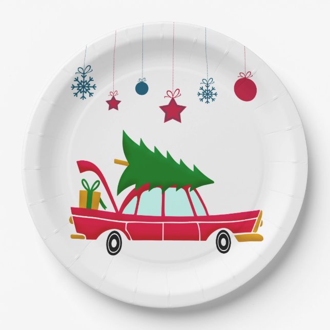 Retro Red Car mit einem Weihnachtsbaum Pappteller (Vorderseite)