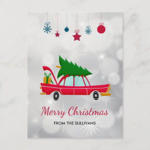 Retro Red Car mit einem Weihnachtsbaum Postkarte