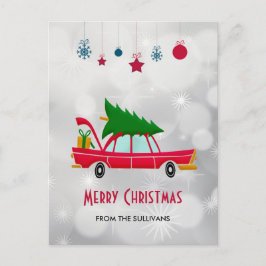 Retro Red Car mit einem Weihnachtsbaum Postkarte