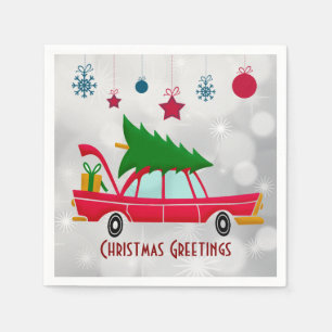 Retro Red Car mit einem Weihnachtsbaum Serviette