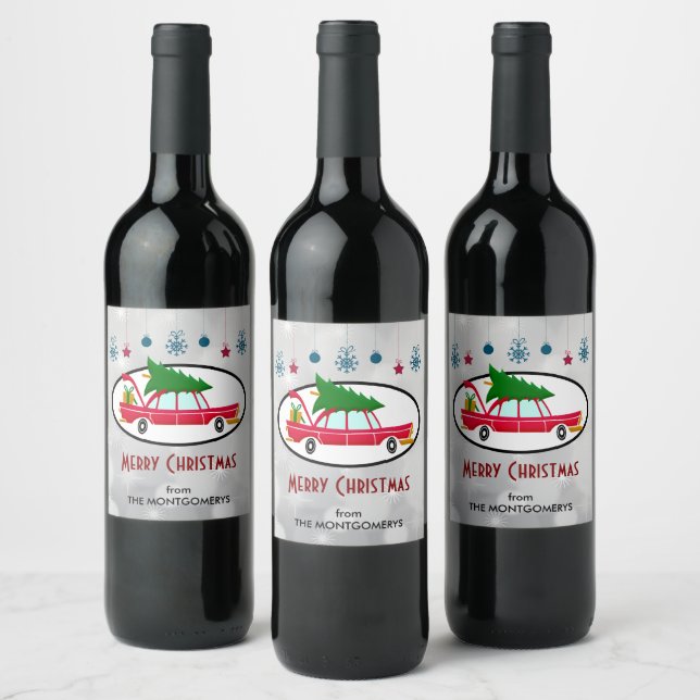 Retro Red Car mit einem Weihnachtsbaum Weinetikett (Flaschen)