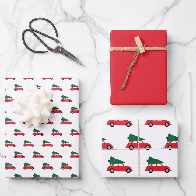 Retro Red Car mit Weihnachtsbaum auf Dach Geschenkpapier Set (Vorderseite)