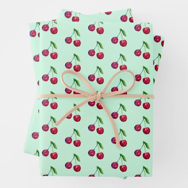 Retro Red Cherries Verpackung Mint Green Weihnacht Geschenkpapier Set (Beispiel)