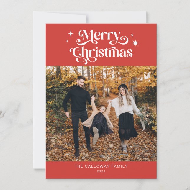 Retro Red Christmas Foto Weihnachtskarte Feiertagskarte (Vorderseite)