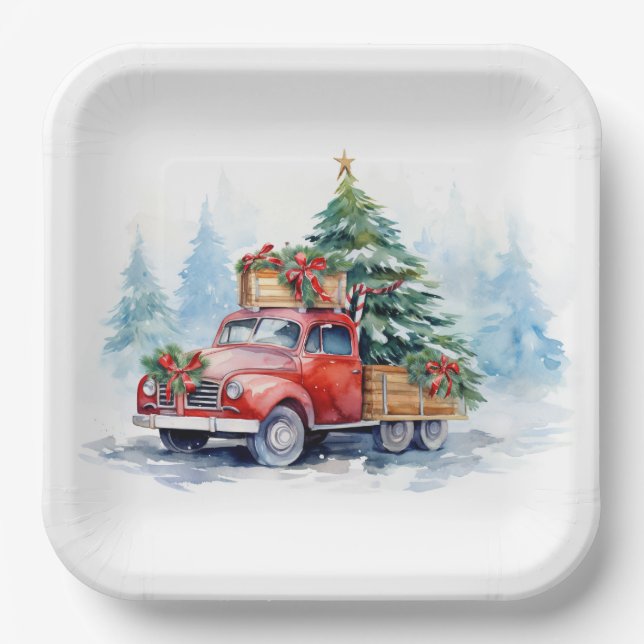 Retro Red Christmas Truck Pappteller (Vorderseite)