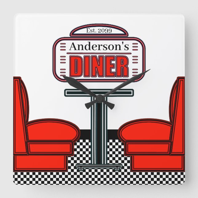 Retro Red Diner Clock Sign Quadratische Wanduhr (Vorderseite)