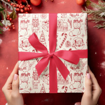 Retro Red Doodle Weihnachtswrapping Paper