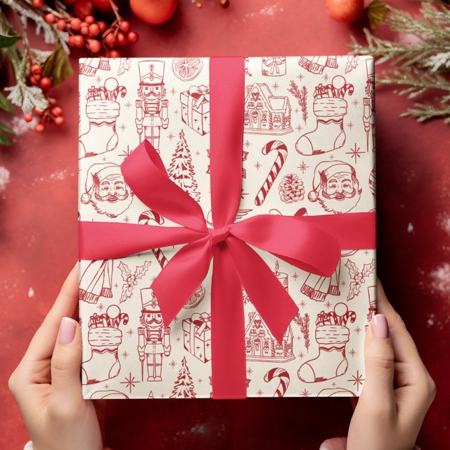 Retro Red Doodle Weihnachtswrapping Paper Geschenkpapier Set (Von Creator hochgeladen)