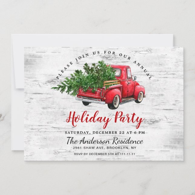 Retro Red Farm Truck Birch Bark Holiday Party Einladung (Vorderseite)