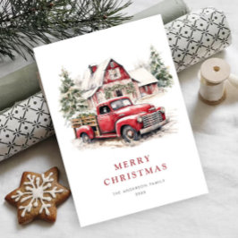 Retro Red Farm Truck Weihnachtsbaum Gruß Feiertagskarte