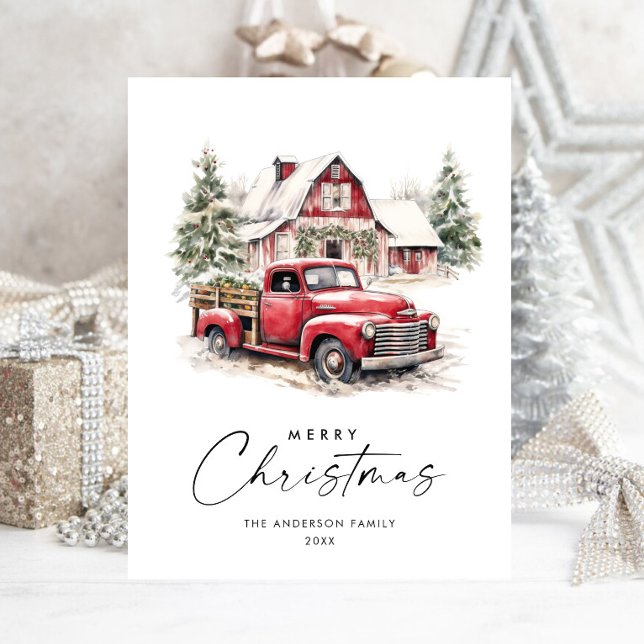 Retro Red Farm Truck Weihnachtsfeiertag Postkarte (Von Creator hochgeladen)
