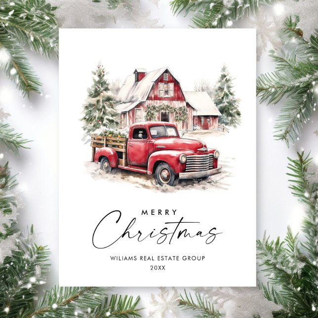 Retro Red Farm Truck Weihnachtsgrüße Unternehmen Postkarte (Von Creator hochgeladen)