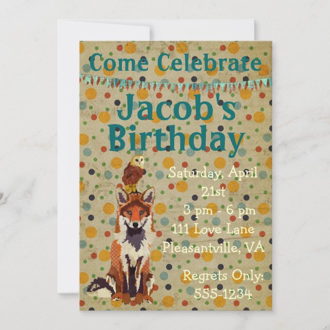 Retro Red Fox & Owl Geburtstag Einladung (Vorderseite)