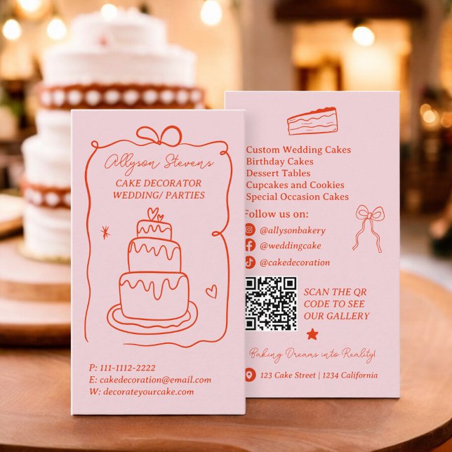 Retro Red French Scribbles cake dekoration qr code Visitenkarte (Retro red French Scribbles cake decorator qr code Business Card)
