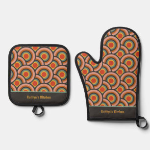 Retro Red Gold Aquamarin Circles Personalisiert Ofenhandschuh & Topflappen-Set
