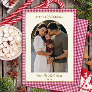 Retro Red Gold Kariert Arch Foto Frohe Weihnachten