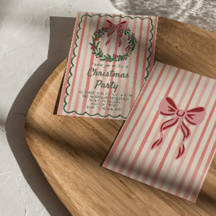 Retro Red Green Gezeichnet Weihnachts-Kranz-Party Einladung