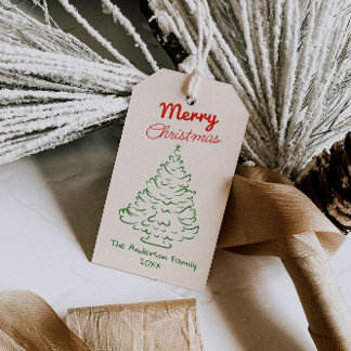 Retro Red Green Hand Drawn Christmas Tree Vintage Geschenkanhänger