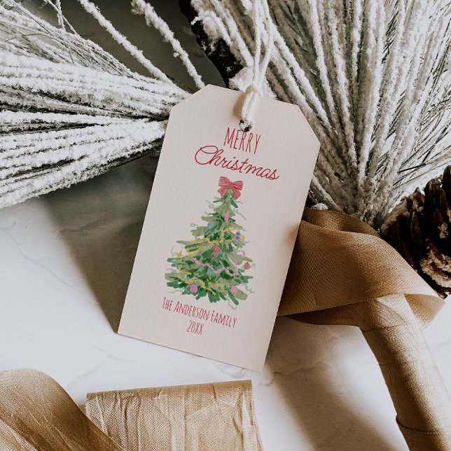 Retro Red Green Quirky farbenfroher Weihnachtsbaum Geschenkanhänger (Von Creator hochgeladen)