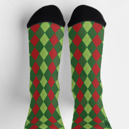 Retro Red Green Weihnachtsmuster Raute Monogram Socken