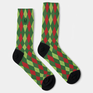 Retro Red Green Weihnachtsmuster Raute Monogram Socken