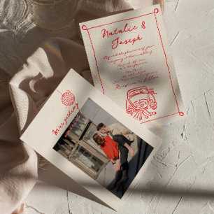 Retro Red Hand Drawn geschrieben Niedliche Foto Ho Einladung