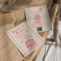 Retro Red Hand Drawn Quirky Niedlich QR Code Weddi