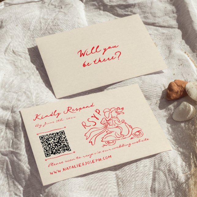Retro Red Hand Drawn Quirky Niedlich QR Code Weddi RSVP Karte (Von Creator hochgeladen)