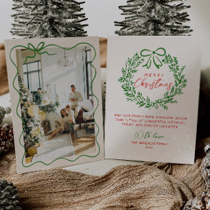 Retro Red Hand Drawn Ribbon Wreath Foto Weihnachte Feiertagskarte