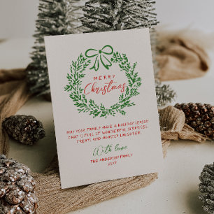 Retro Red Hand Drawn Ribbon Wreath Frohe Weihnacht Feiertagskarte