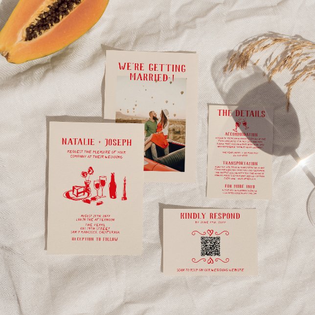 Retro Red Hand Drawn Scribble Quirky Wedding Einladung (Von Creator hochgeladen)