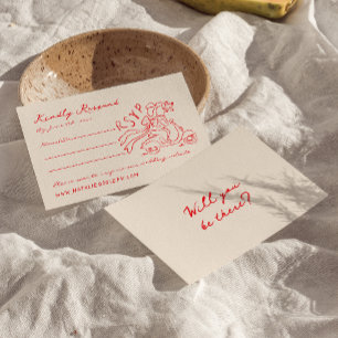 Retro Red Hand Gezeichnet Quirky Niedliche Hochzei RSVP Karte