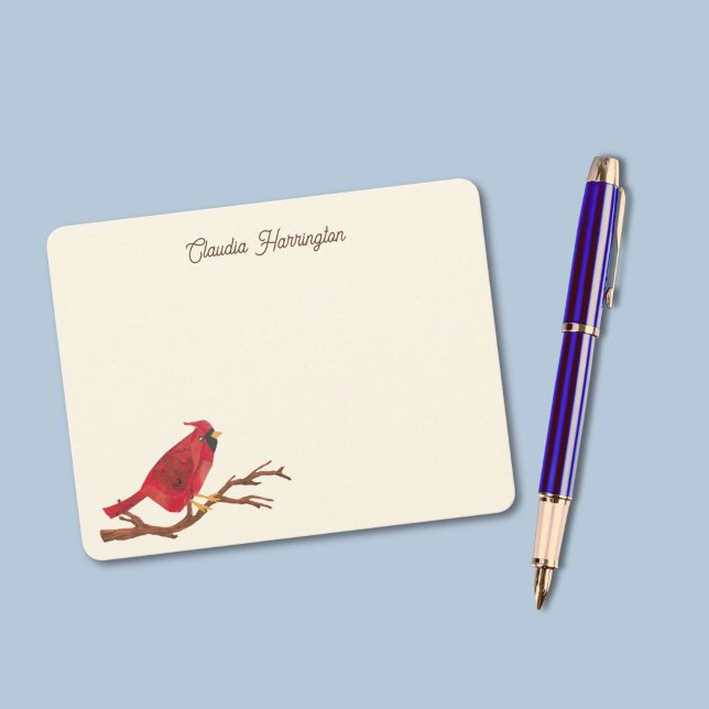 Retro Red Northern Kardinal Chic HandIllustriert Mitteilungskarte (This cream-colored Northern Cardinal notecard features my original art of the bright red bird.)