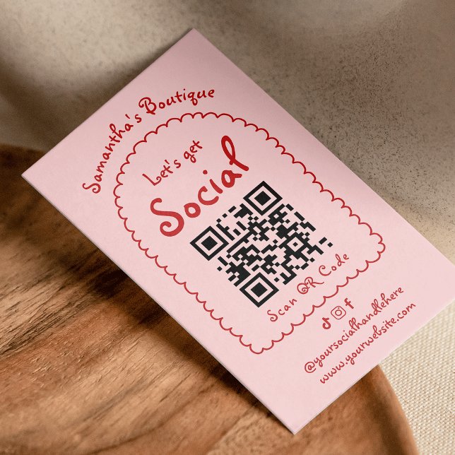 Retro Red Pink Handgeschriebener, Girl Whimsical Q Visitenkarte (Hand drawn whimsical blush pink and red QR code business cards - use it for your socials or website)