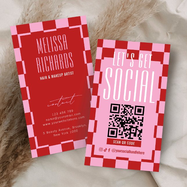 Retro Red & Pink Social Media Scannable QR Code Visitenkarte (Von Creator hochgeladen)